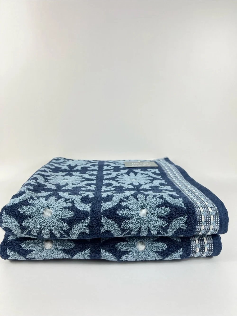 Loft by Loftex Bath Towel Set Navy Light Blue Floral Jacquard Cotton 2 Pc NEW